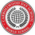 Carrollwood Day School logo: globe encircled by laurel branches, red border, white background.