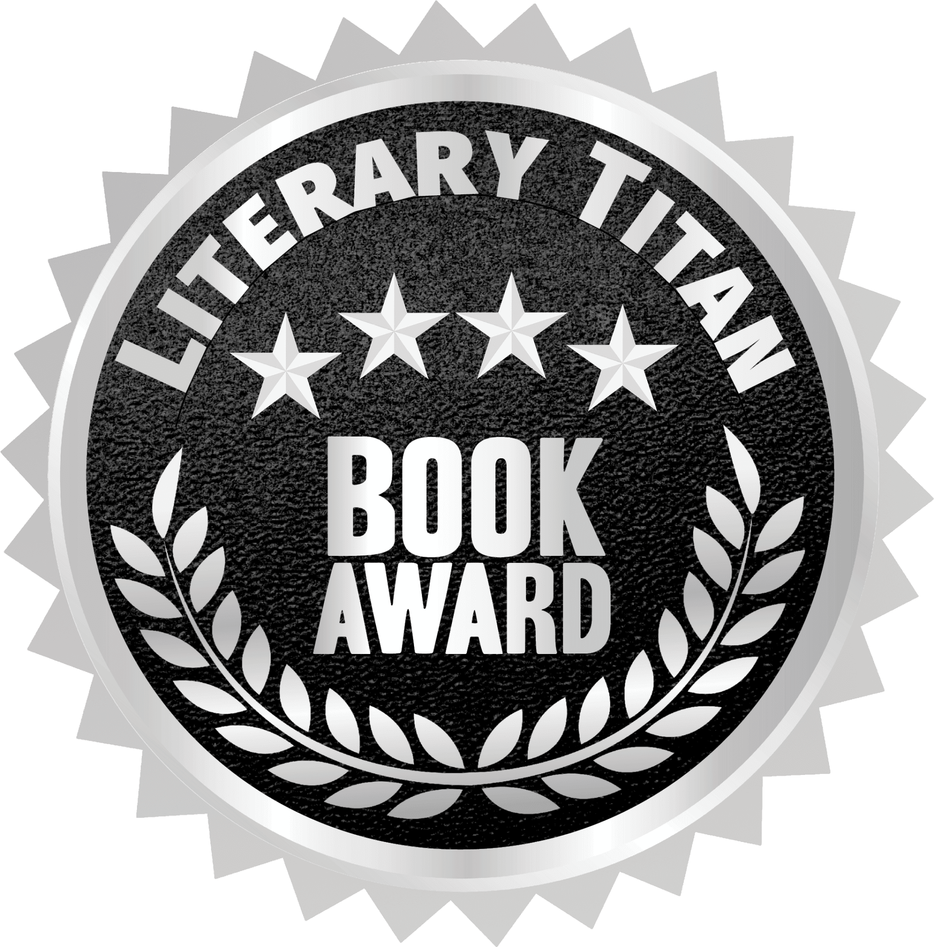 Literary Titan Book Award badge. Black and silver, with laurel wreath, stars, and text.
