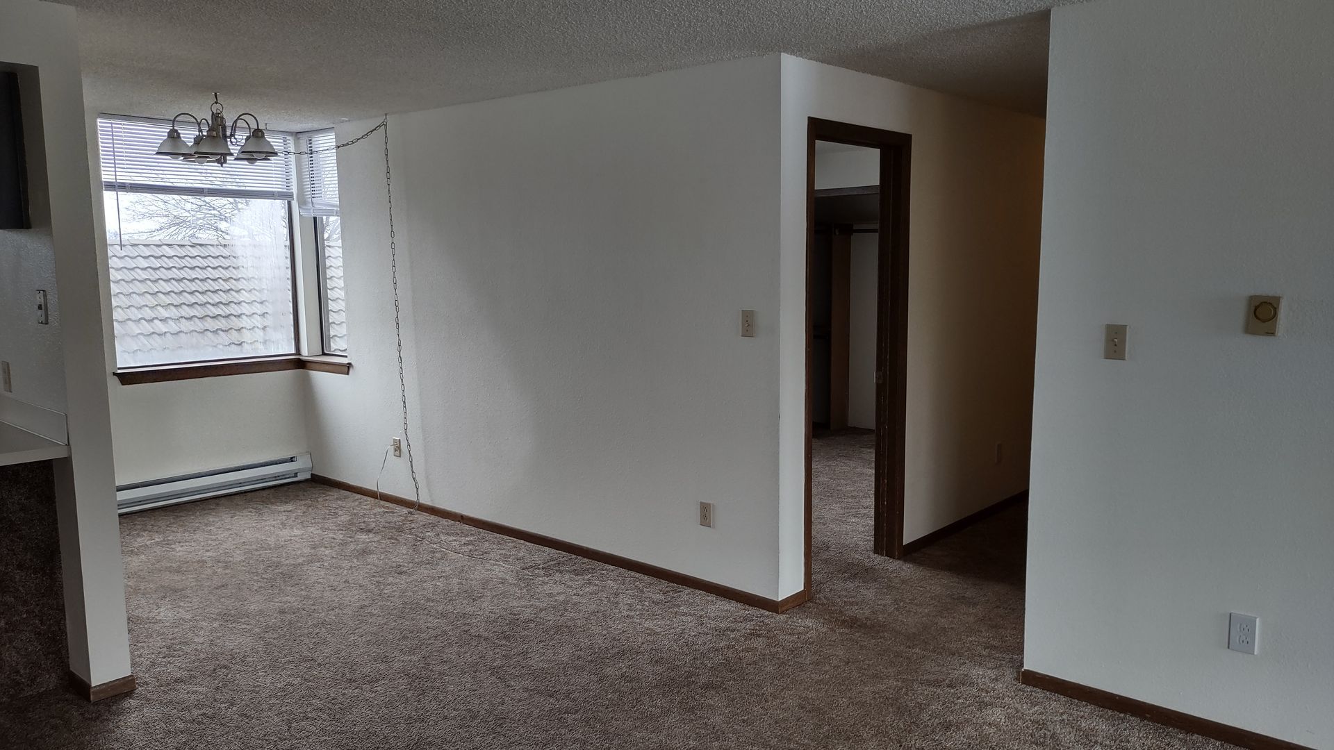 An empty living room with a carpeted floor and a window.