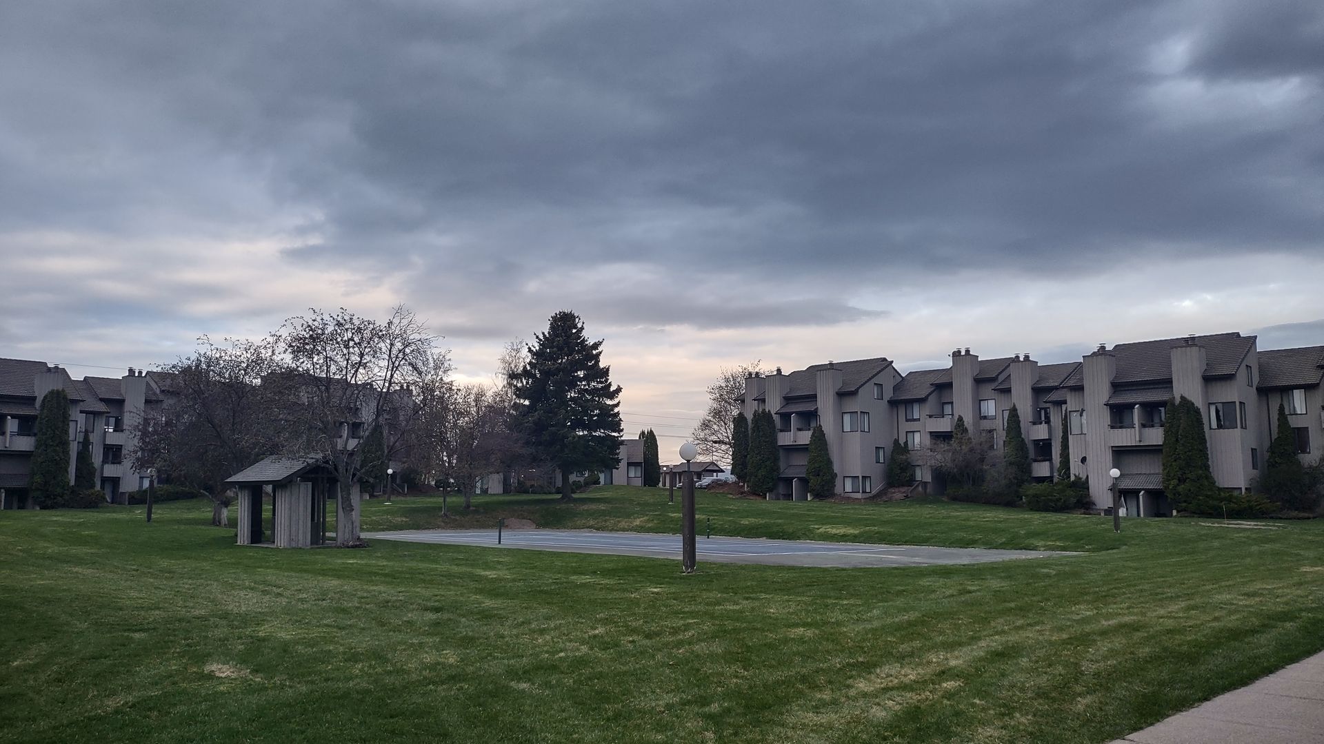A park with buildings in the background and a cloudy sky