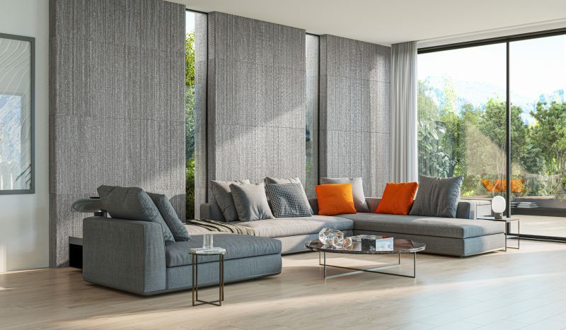 Azulejo rectangular gris con líneas verticales texturizadas.