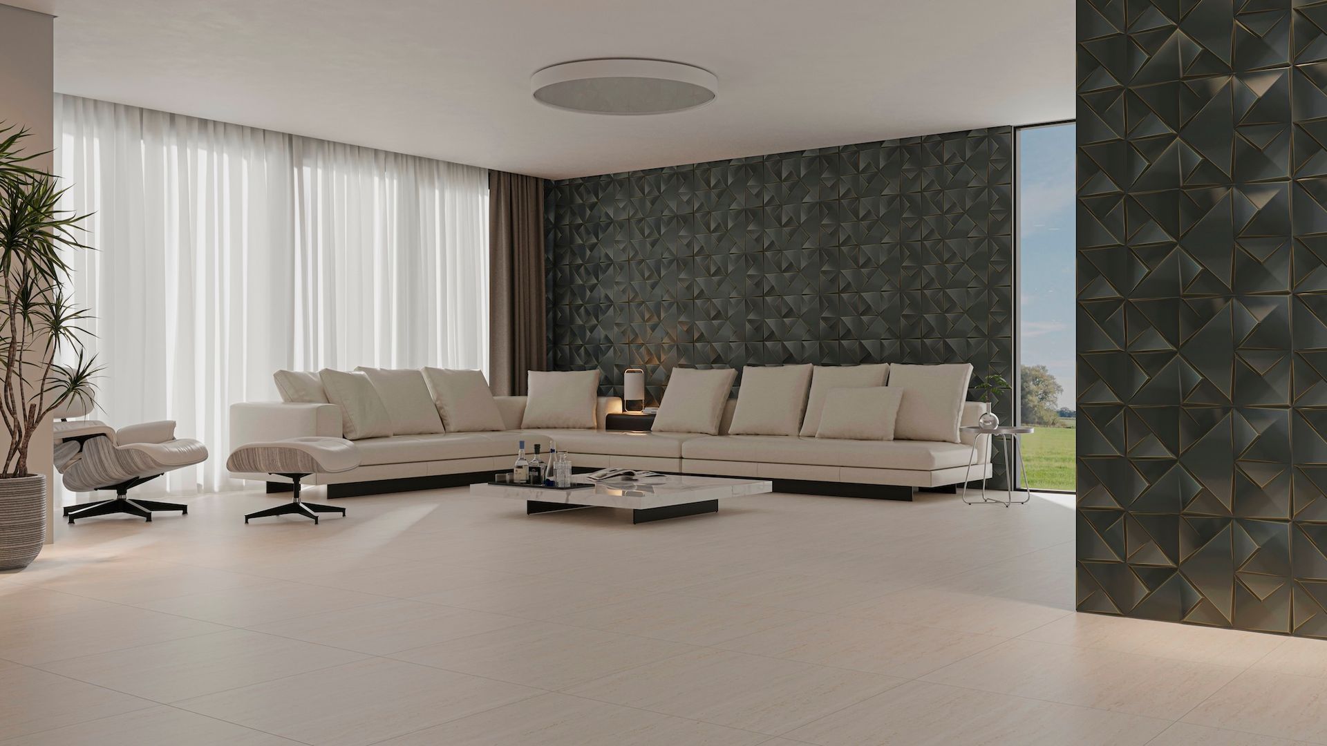 Superficie de piedra travertino beige con vetas horizontales.