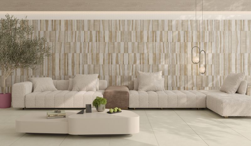 Azulejo cuadrado texturizado de color beige.