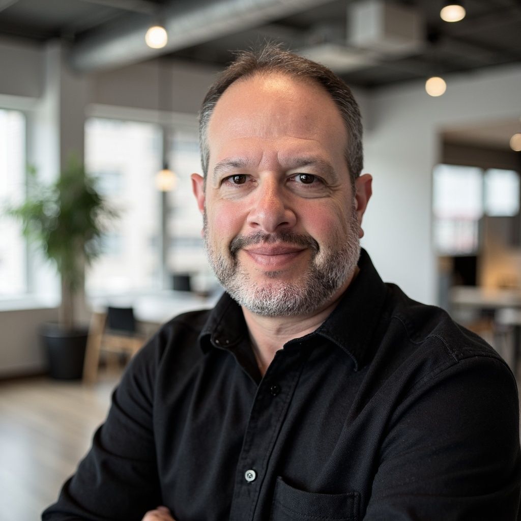 Man with glasses smiles, wearing a blue shirt and checkered blazer against a gray background.