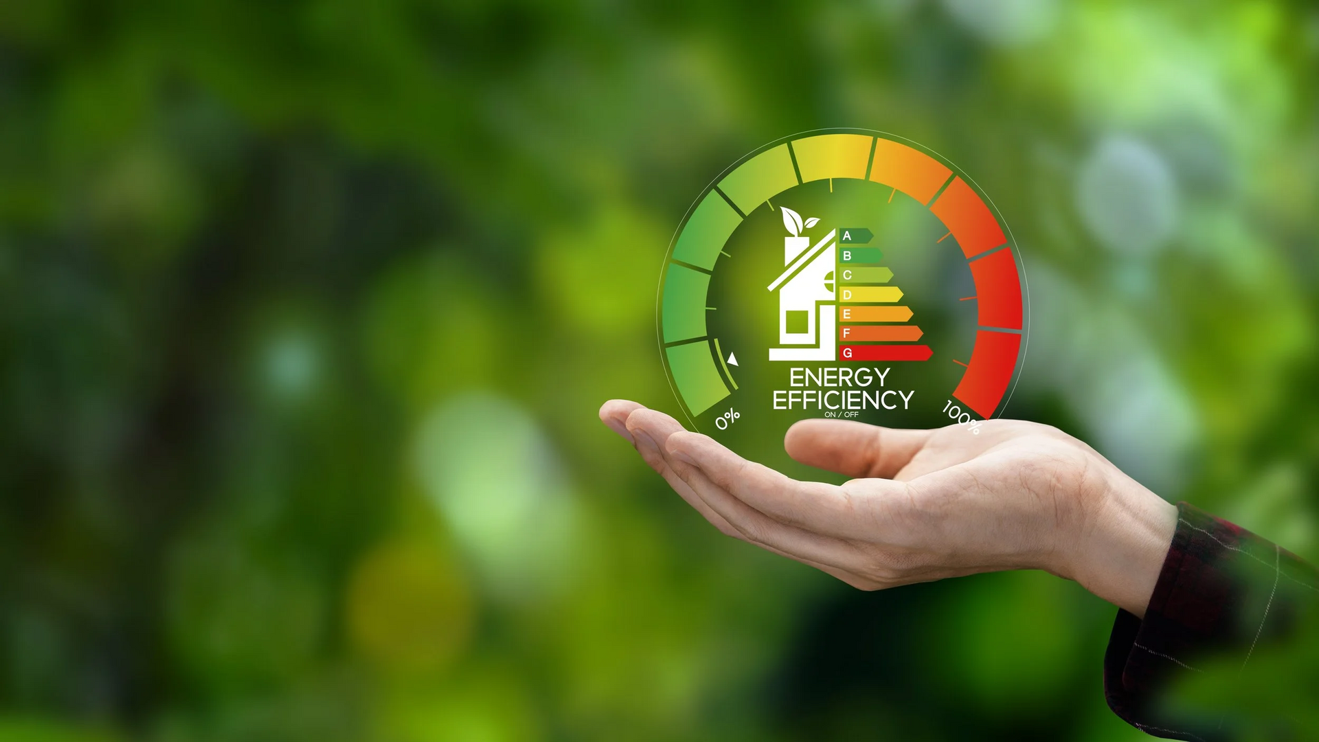 Hand holding a graphic of a house with an energy efficiency rating and a green, nature background.