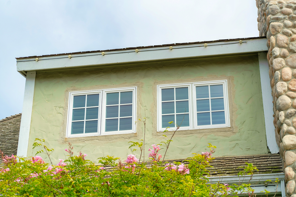 Two white-framed windows on a light green wall, topped by a stone chimney and flanked by leafy plants.