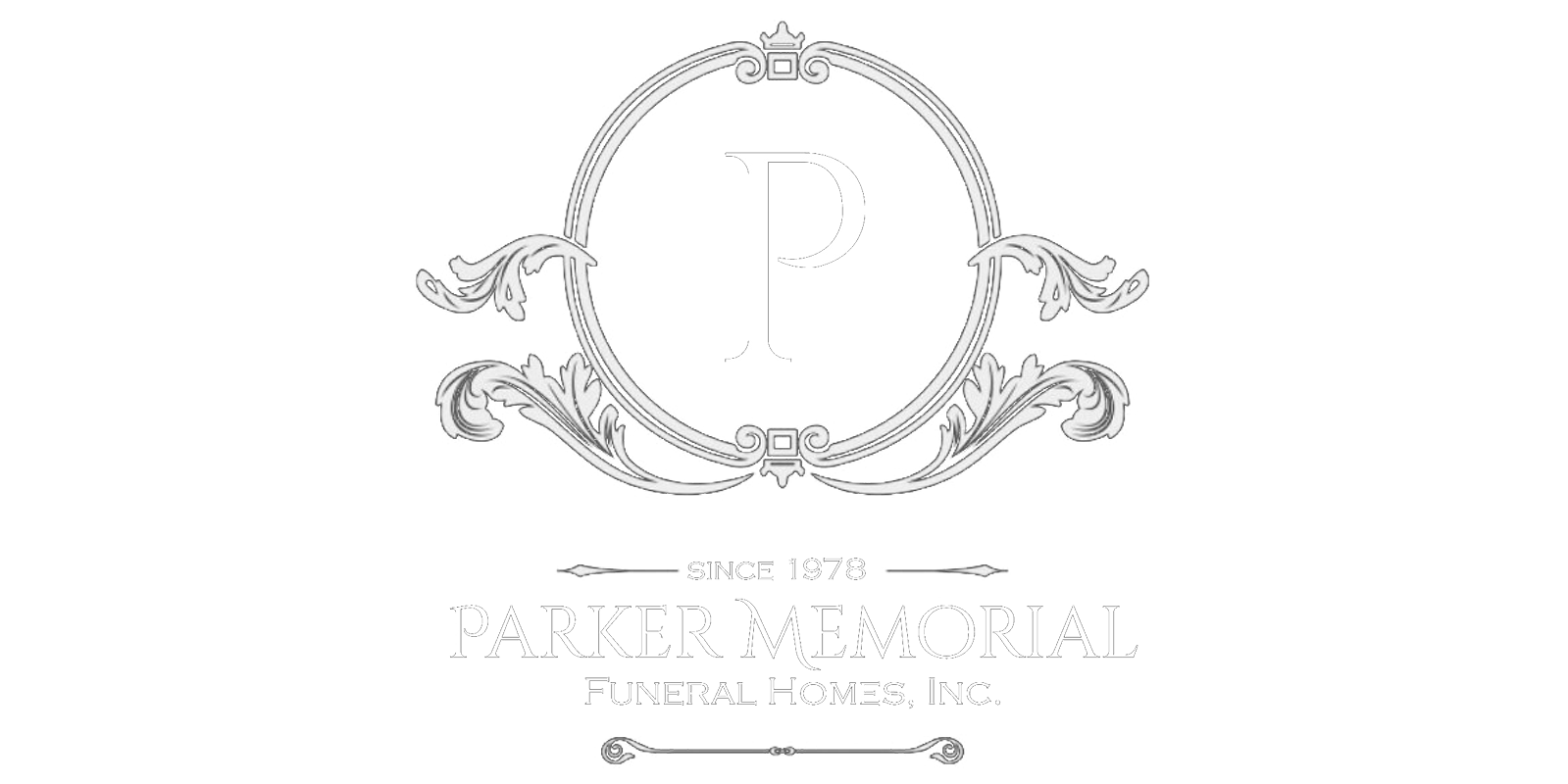 Logo for Parker Memorial Funeral Homes Inc. featuring a decorative oval frame. Text reads 
