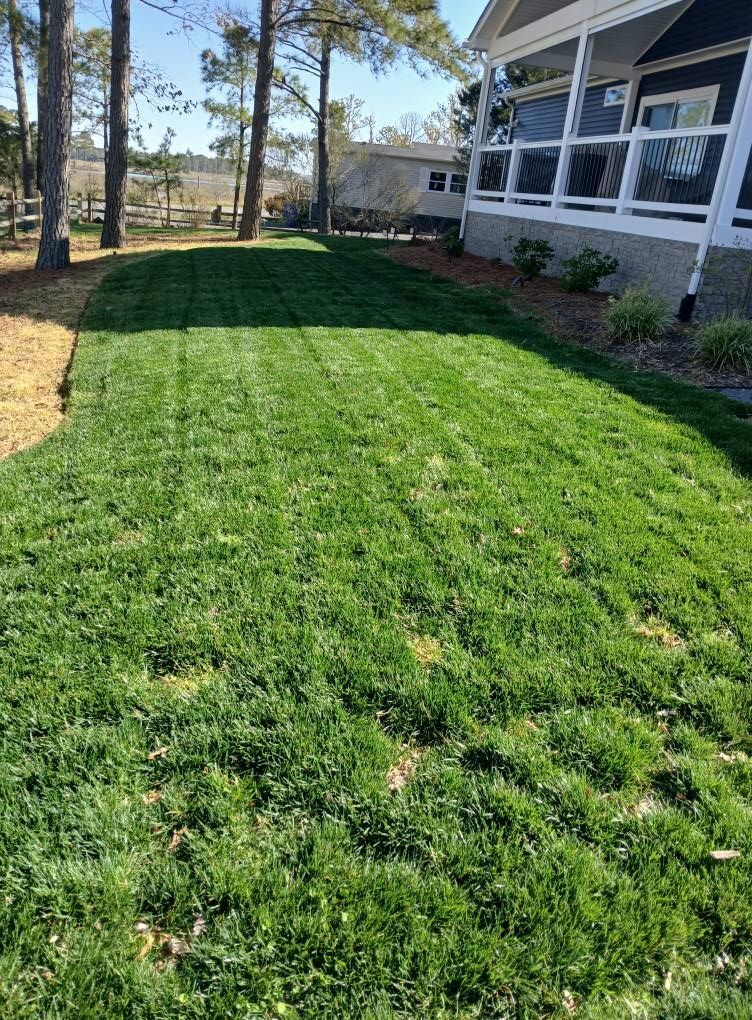 A large lush green lawn in front of a house.