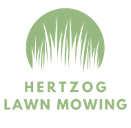 A logo for Hertzog Lawn Mowing Service with a picture of grass in a circle.