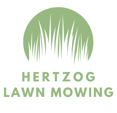 A logo for Hertzog Lawn Mowing Service with a picture of grass in a circle.