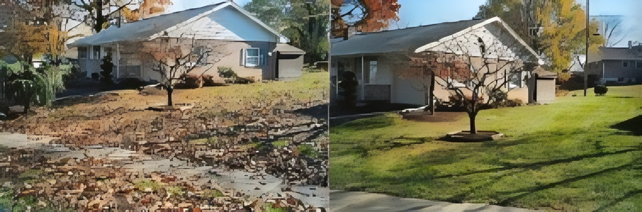 A before and after picture of a house with leaves on the ground.