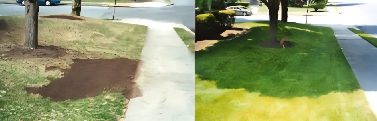 A before and after picture of a lawn with a tree and a sidewalk.