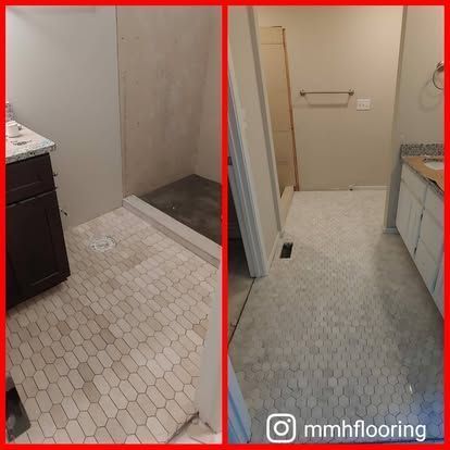 A before and after photo of a bathroom with a hexagonal tile floor.