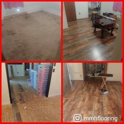 A collage of four pictures of a wooden floor in a living room.