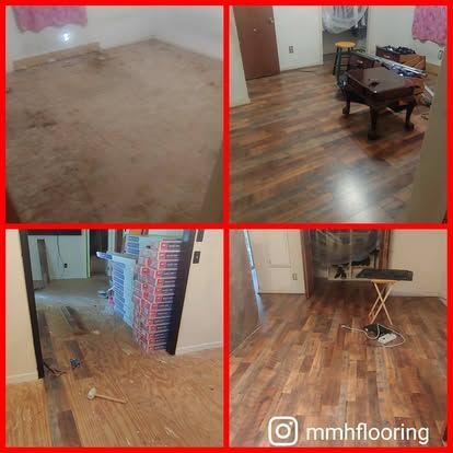 A collage of four pictures of a wooden floor in a house.