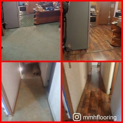 A collage of four pictures of a hallway before and after being remodeled.