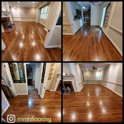 A collage of four pictures of a living room with hardwood floors.