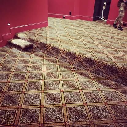 A person is walking on a carpeted floor in a room.