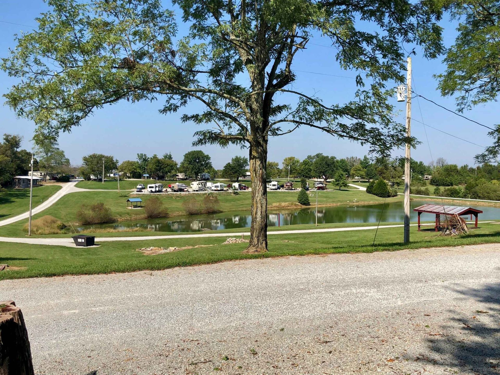 a park with a lot of trees and a lake in the background .