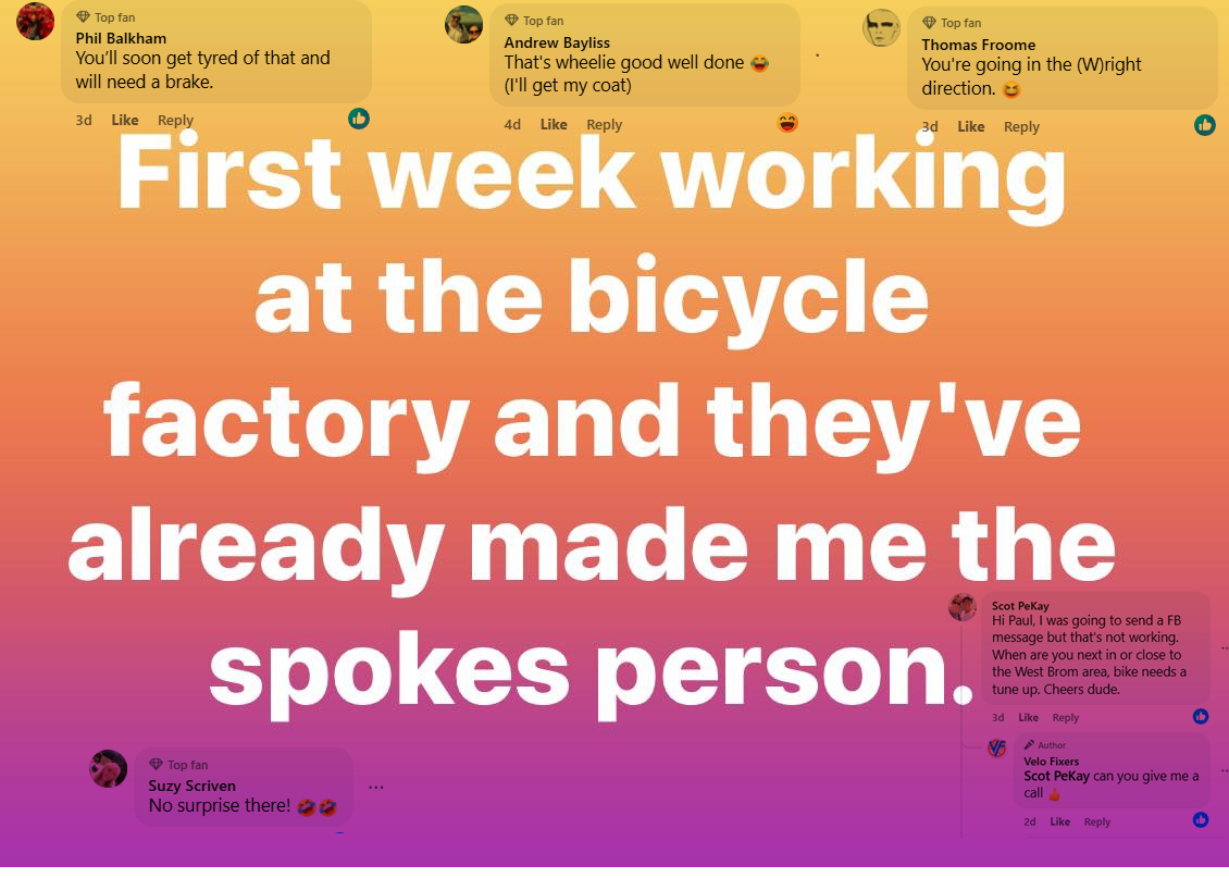 https://www.facebook.com/velofixers 
spokes, bike uk bicycle uk, 
 Covering Halesowen, Stourbridge, Hagley, Harborne, Oldbury, Wolverhampton and surrounding areas.
 Please get in touch to see if i cover your area.
Call us: ﻿07985 703973﻿    
Ride safe everyone !!
WARDYS CYCLES  , https://racecouk.com/
Halfords bicycle
tredz 
 fred's bicycle 