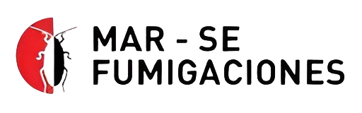 Logo de Mar-Se Fumigaciones con silueta negra sobre círculo rojo y texto negro.
