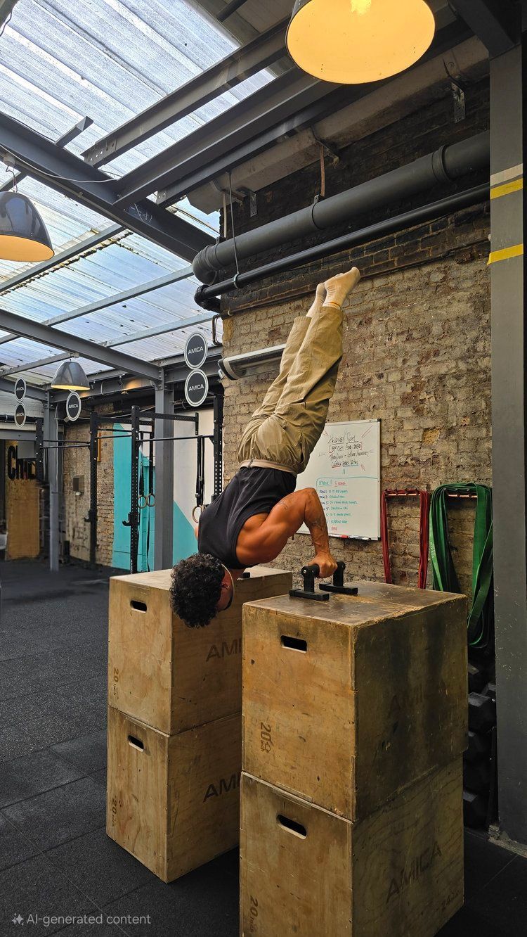 A man is doing a handstand on a wooden box in a gym.