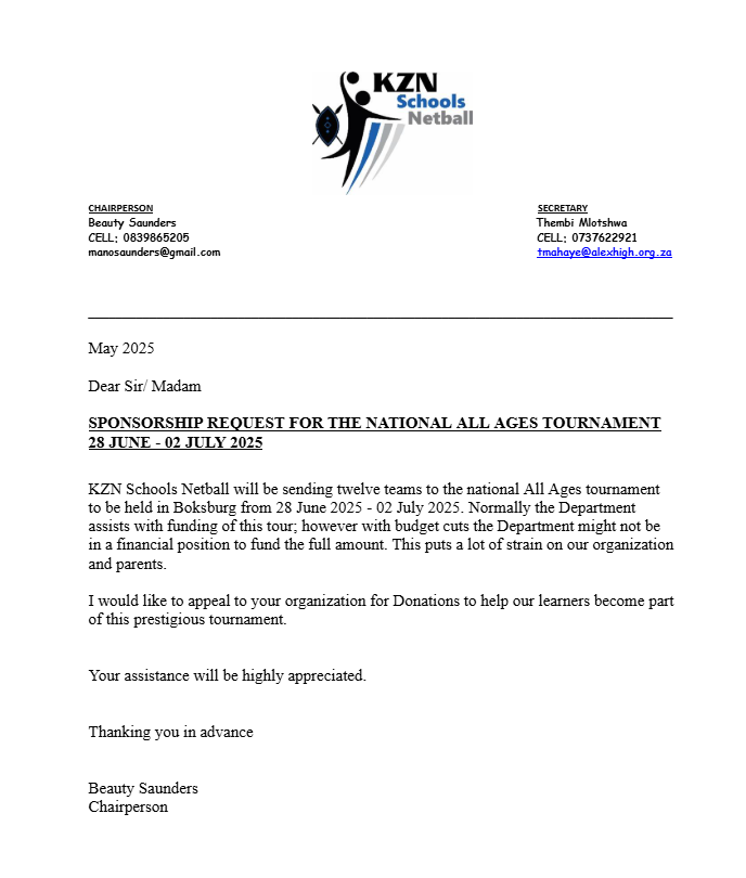 2025 KZN Schools Netball All Ages Tournament transport fund