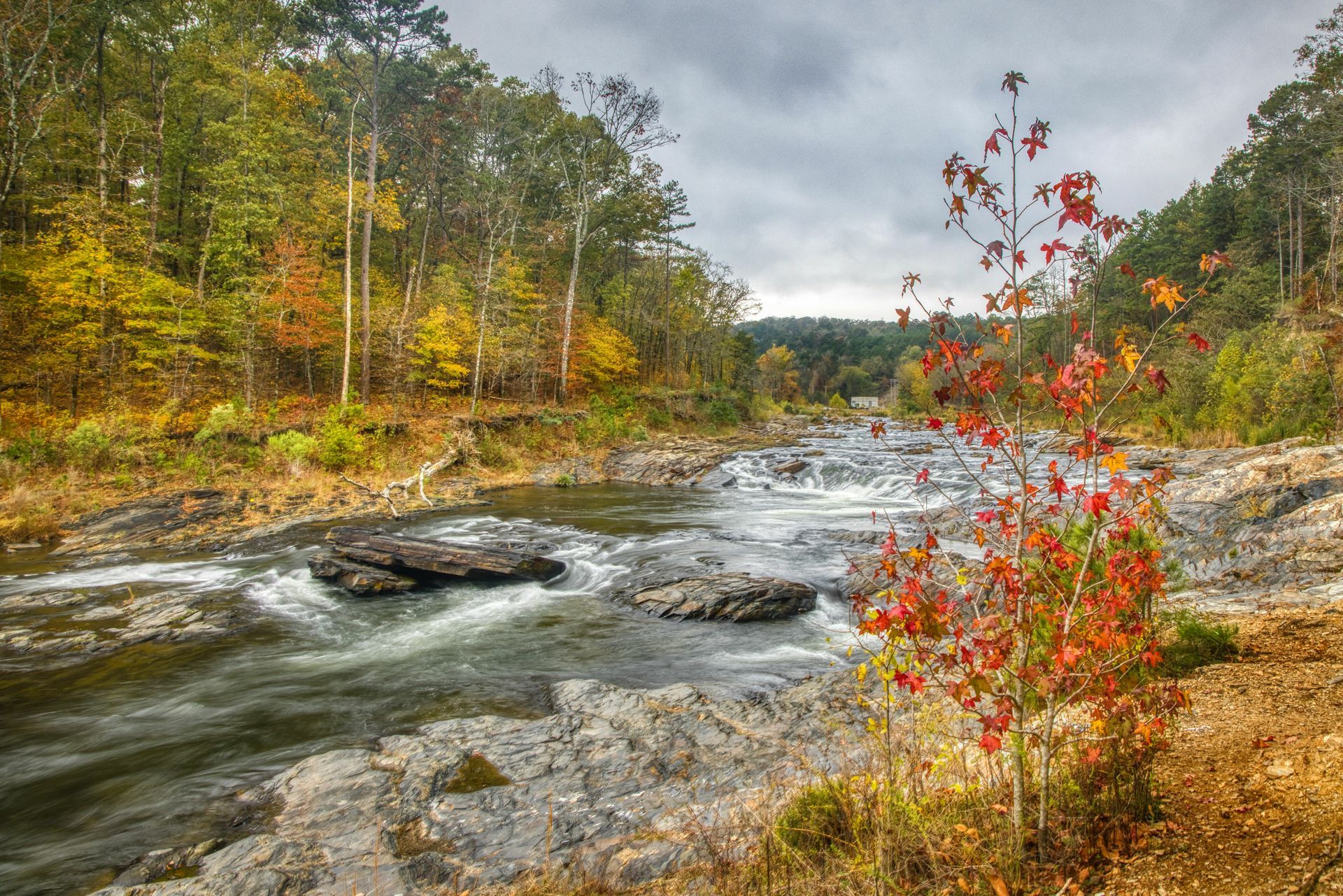A river surrounded by trees and rocks on a cloudy day.