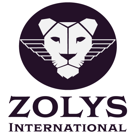 Logo for ZOLYS INTERNATIONAL featuring a dark purple circle with a stylized white winged lion head and brand text below.