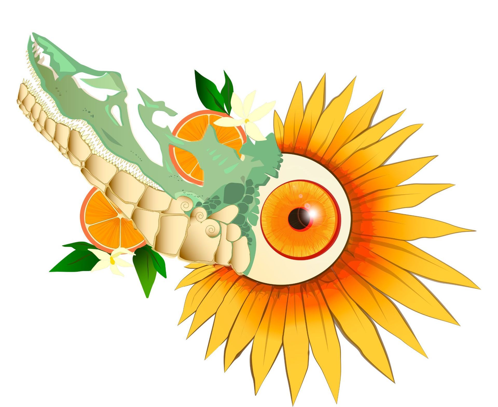 A skeletal spine and skull meld into a human eye surrounded by a sunflower, orange slices, and white flower blossoms.