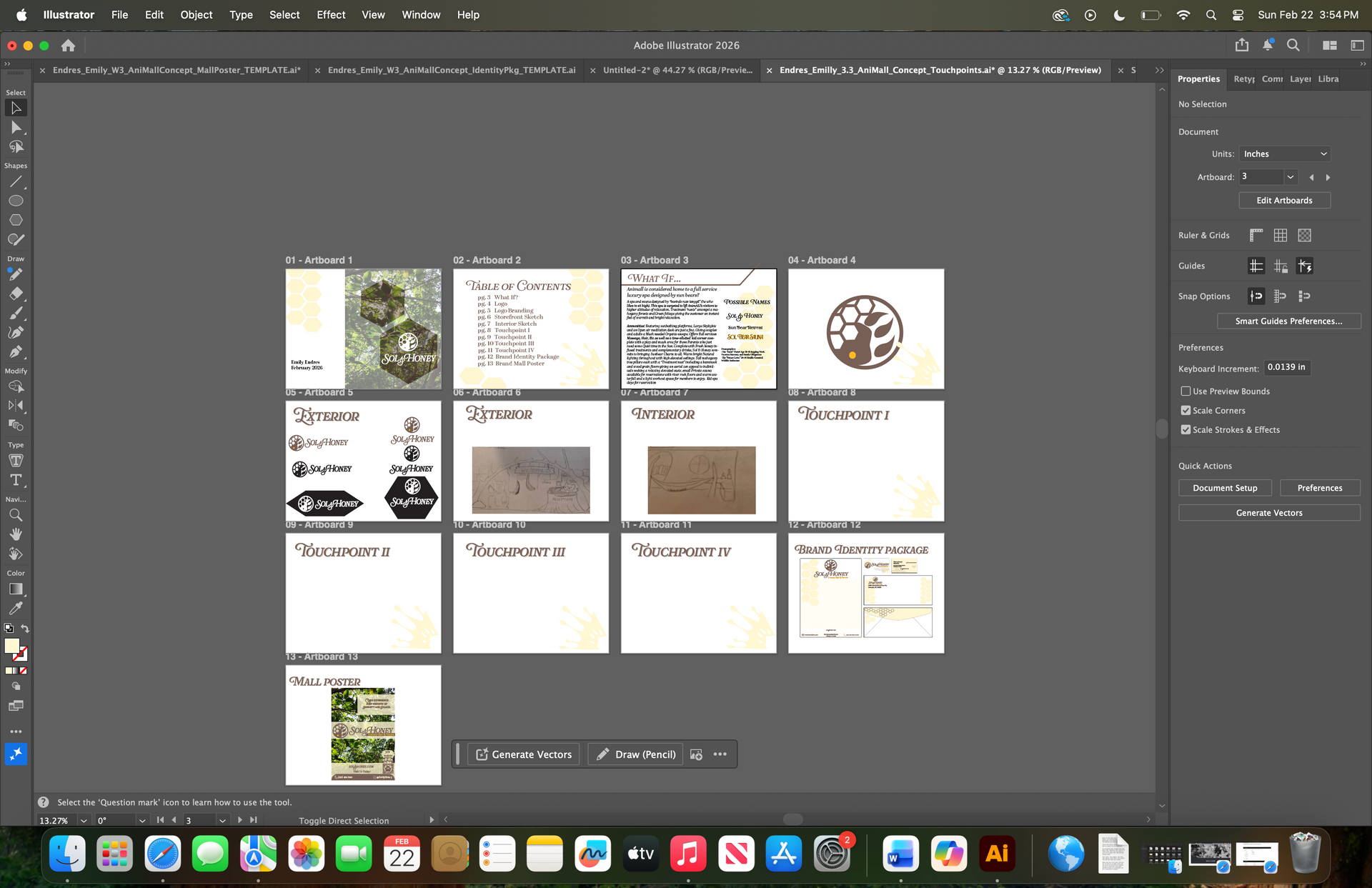 Adobe Illustrator interface displaying an artboard grid view containing various design layouts, logos, and illustrations.