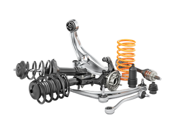 There are many different types of suspension parts on a white background.