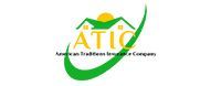 Logo for American Traditions Insurance Company: house with sun and green arc. "ATIC" in gold letters.
