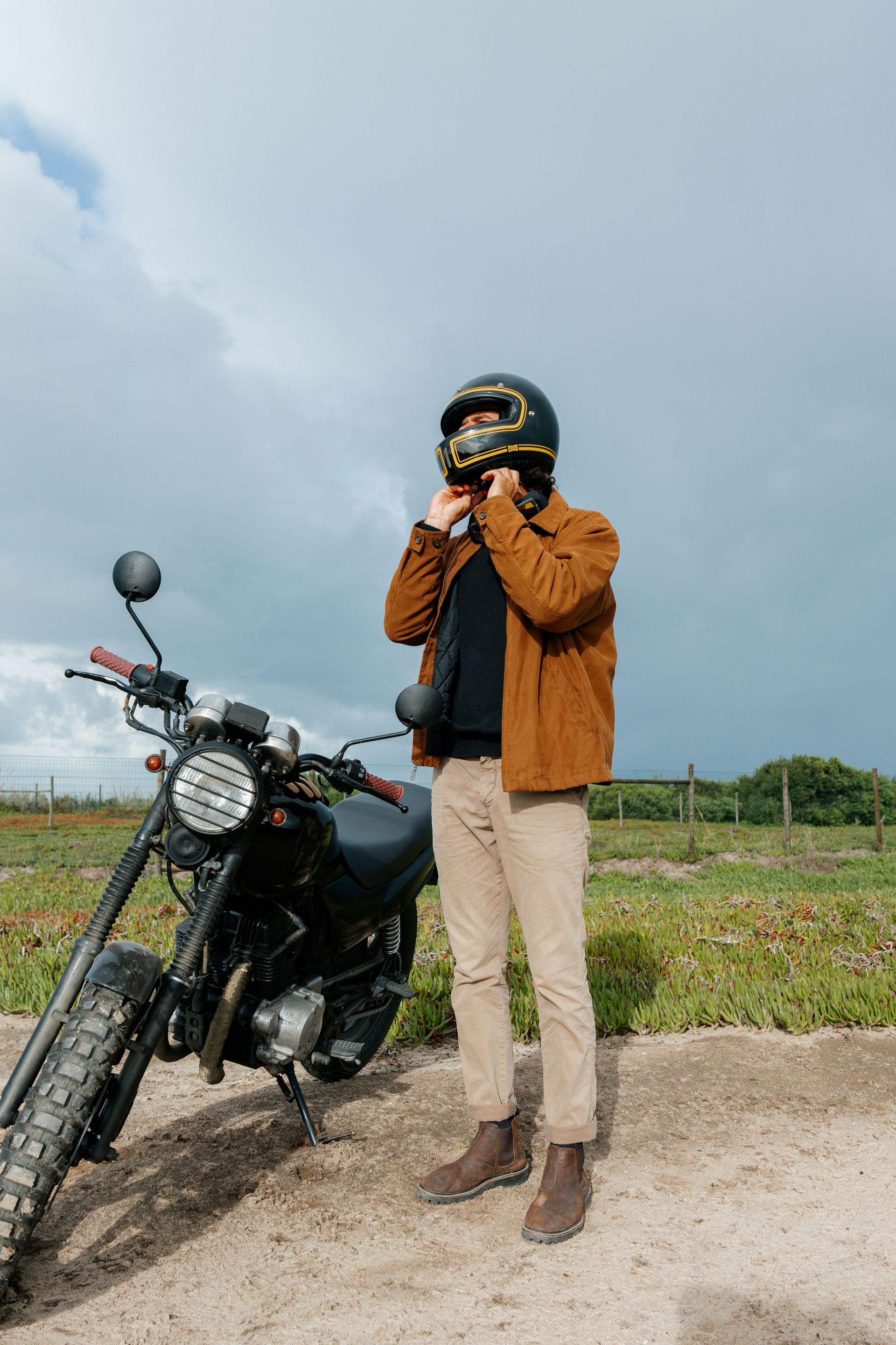 Person in brown jacket and helmet adjusting helmet next to a black motorcycle in a field under a cloudy sky.