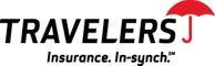 Travelers Insurance logo: Black text "TRAVELERS" with red umbrella icon; "Insurance. In-synch." below.