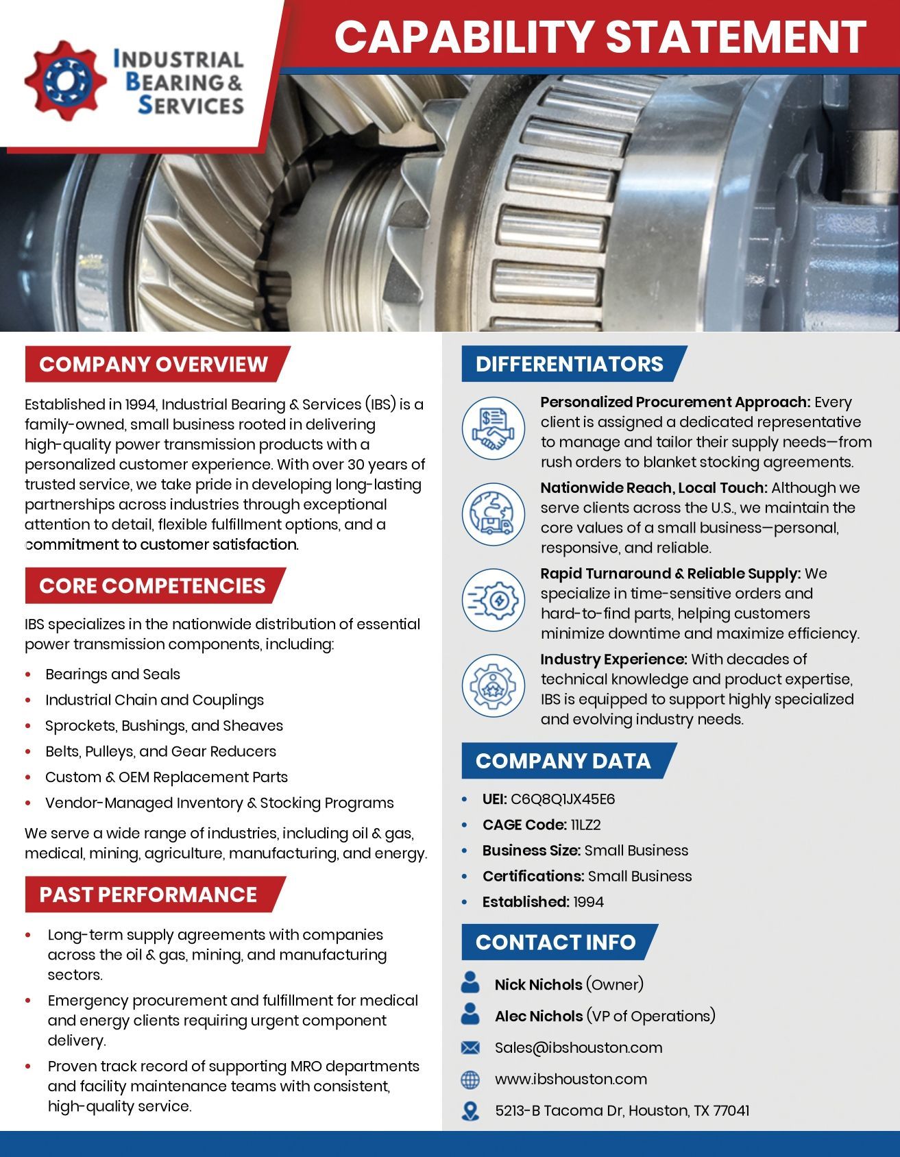 Industrial Bearing & Services informational pamphlet