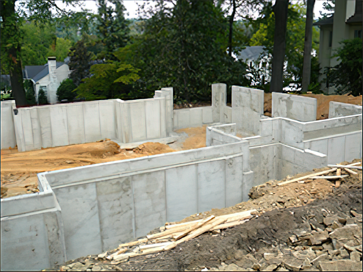 A large concrete wall is being built on a hillside