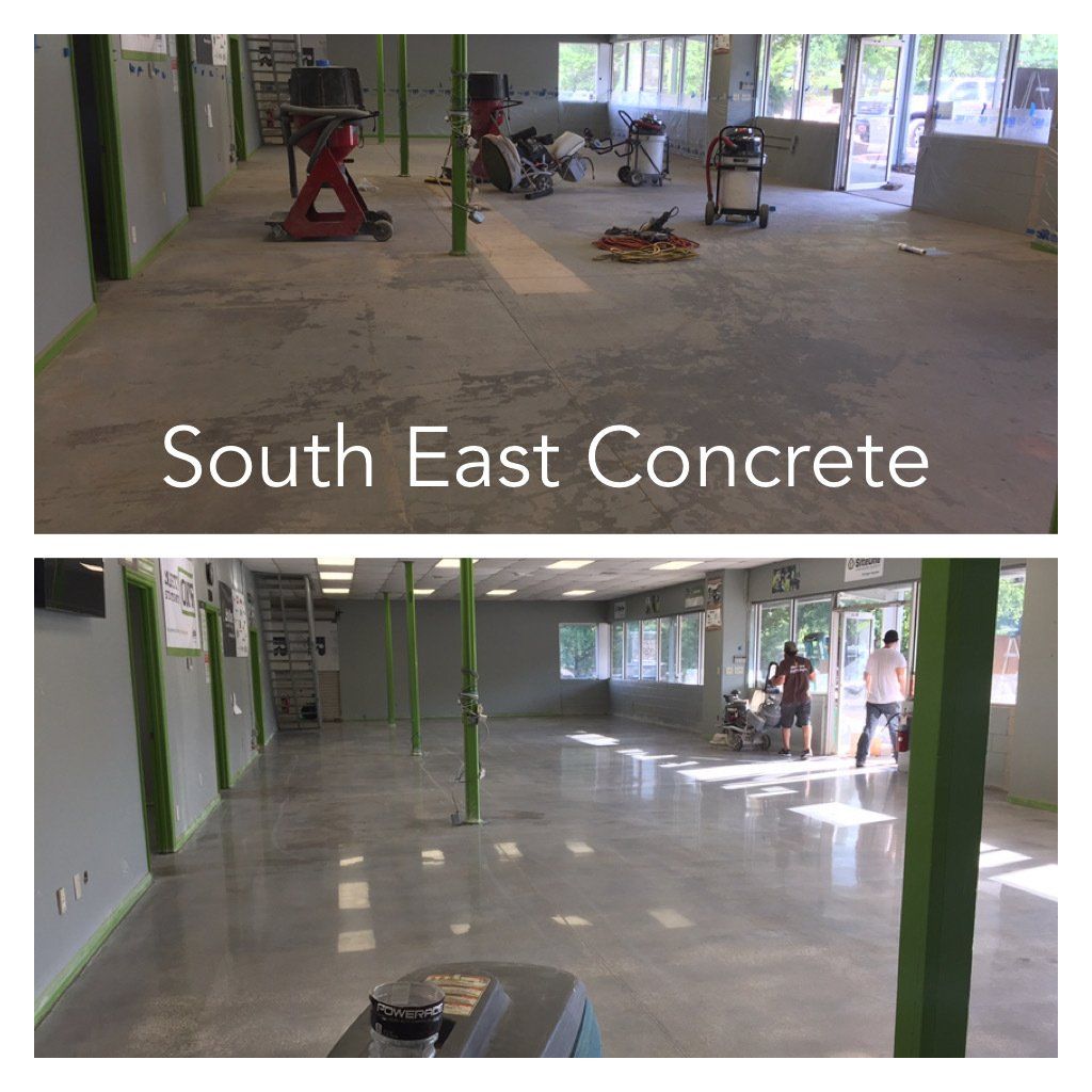 Two pictures of a concrete floor with the words south east concrete