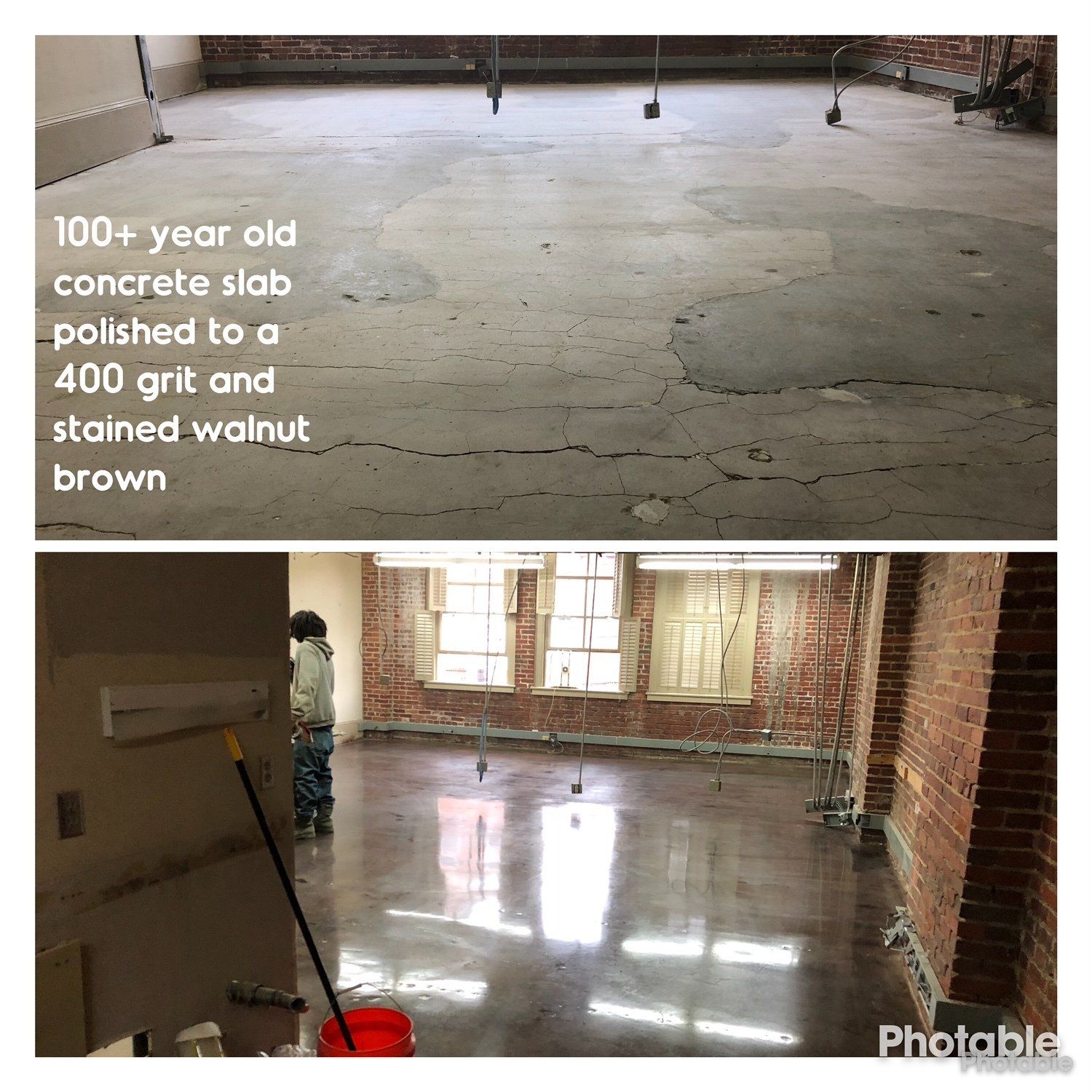 A 100 year old concrete slab polished to a 400 grit and stained walnut brown