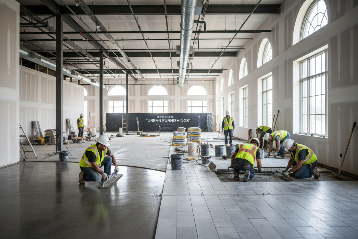 Workers in high-visibility vests laying tile in a large, bright hall under renovation