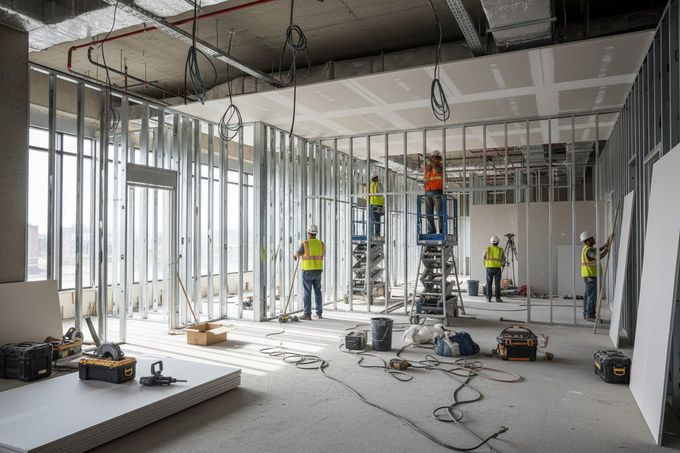 Construction workers framing interior walls in a building under renovation with tools and cables on the floor