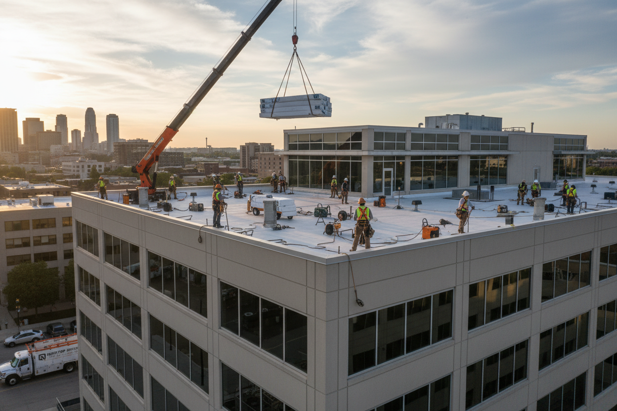 Crane lifting HVAC unit onto rooftop of a city office building at sunset