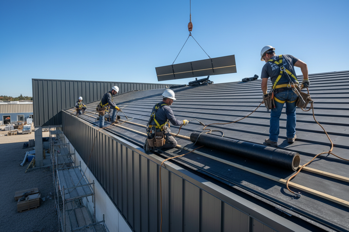 Workers installing solar panels on a rooftop, with a crane lifting a panel overhead.