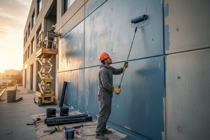 Worker in orange hard hat painting a blue exterior wall on a lift at a construction site.