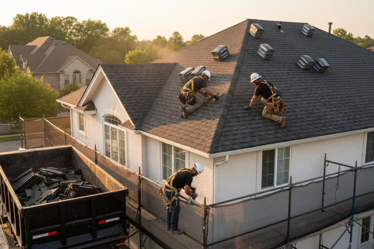 Roofers working on a house roof beside a dumpster and scaffolding at sunset