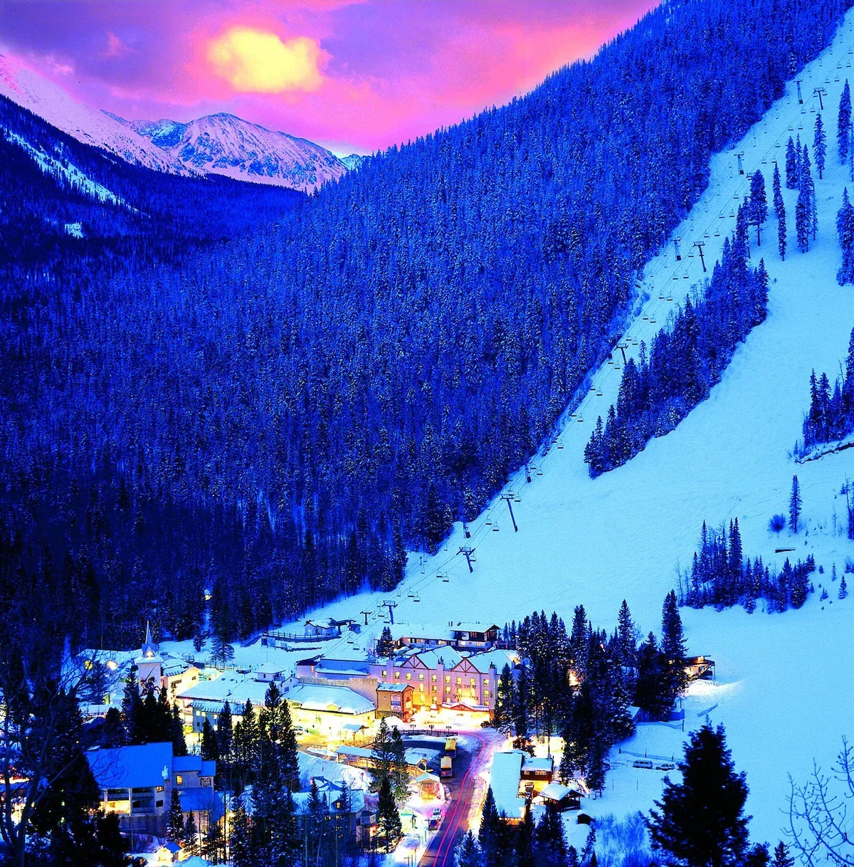 A snowy mountain covered in trees and houses at night