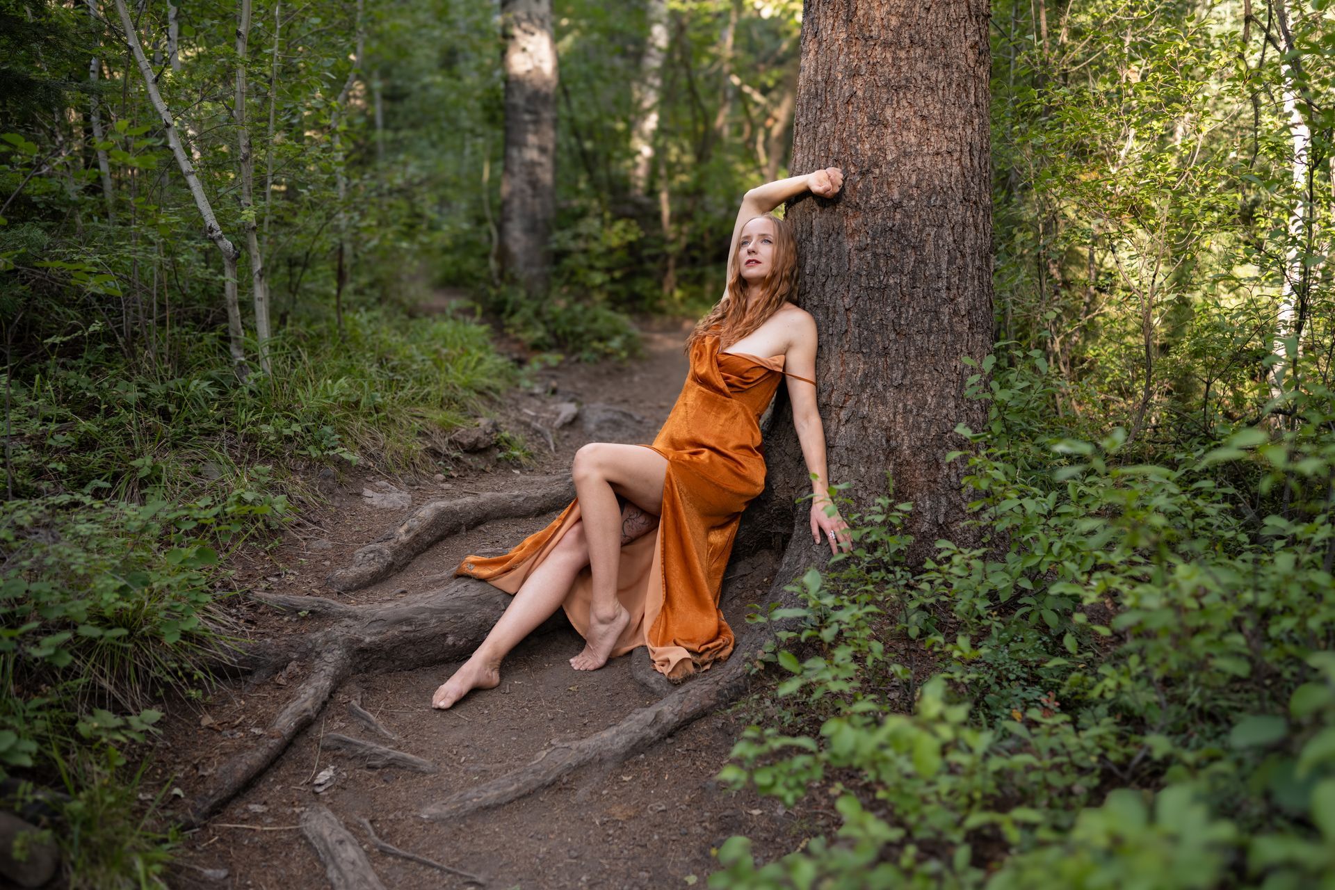 A woman in an orange dress is sitting on the roots of a tree in the woods.