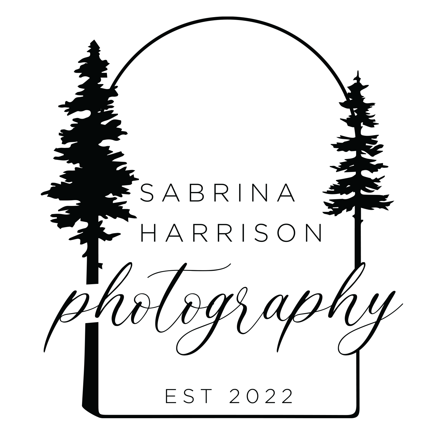 The logo for sabrina harrison photography is black and white and shows two trees.