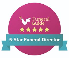 A pink circle with a blue ribbon that says funeral guide 5 star funeral director.