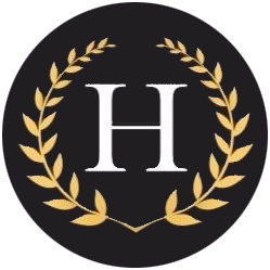 The letter h is in a circle with a laurel wreath around it.
